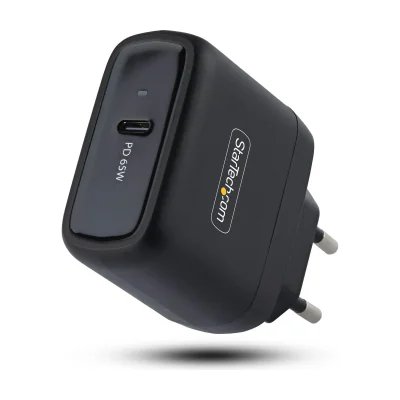 StarTech.com 65W USB-C Laptop Charger, GaN Charger with Power Adapter Brick for Dell, XPS, HP ProBook, MacBook Pro, Microsoft Surface Pro, Black, Indoor, AC, 20 V, 5 A, Black