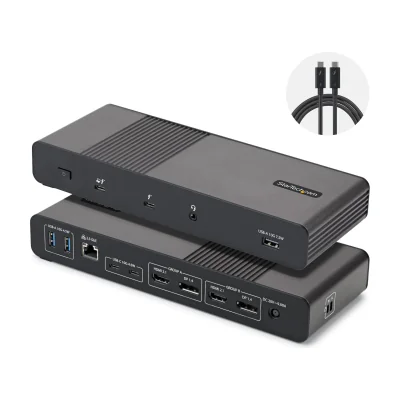 StarTech.com Thunderbolt 5 Universal Docking Station for Mac & Windows with Quad Monitors, 140W Power Delivery, 120Gbps Bandwidth Boost, 2.5Gb Ethernet, USB-C & USB-A Ports, Wired, Thunderbolt 5, 140 W, 3.5 mm, 10,100,1000,2500 Mbit/s, Black, Grey