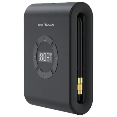 Starter auto cu compresor de aer Serioux, interval de presiune reglabil 3~150PSI/0,2~9,9BAR/20~990KPA, temperatura de functionare incărcare: 0° C~45°C, Descărcare: -20°C~60°C, temeperatura de depozitare 10 °C~50 °C, lungimea tubului de umflare 115 mm