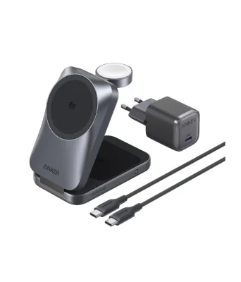 Statie de incarcare wireless 3 in 1 Anker, Prime, 45W, portabil, pliabil, fast charge, pentru iPhone seriile 12-17, Apple Watch, AirPods,exceptie iPhone 17 Air, 1 x USB-C incarcare, gri, "B25N1G11" - 0194644321809