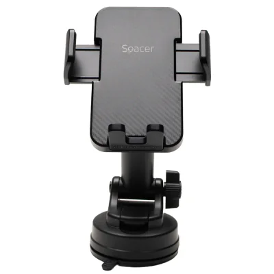 Suport auto SPACER pt. SmartPhone, fixare pe bord sau geam prin ventuza, brat telescopic, sistem auto-lock, rotire 360 grade, negru