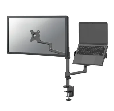 Suport dublu laptop de birou Neomounts DS20-425BL2; pentru display-uri cu diagonale 17"-27", sistem de prindere VESA 75x75~100x100, greutate maxima suportata 8kg, tilt +90°, -30°, swivel 90°, rotate 360°, distanta fata de perete 162-494mm; inaltime r