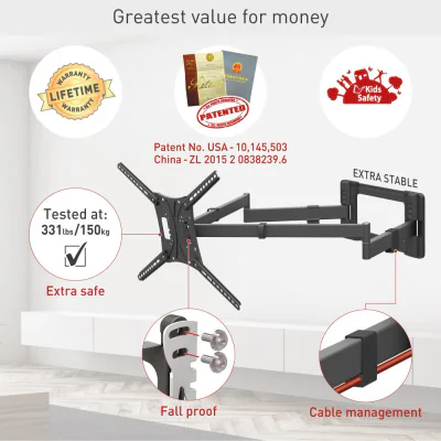 Suport TV plat/curbat de perete cu 2 brate Barkan BM464XL, 13"- 83", Max 50kg, VESA 600x400, negru