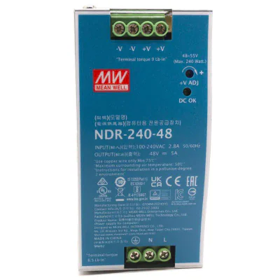 Sursa de alimentare Hikvision NDR-240-48; Tensiune iesire: 48VDC @5A, Tensiune alimentare: 90 ~ 264VAC 127 ~ 370VDC @47 ~ 63Hz, Protectii: Supratensiune, Supraincalzire; Dimensiuni: 63 mm × 125.2 mm × 113.5 mm, greutate: 83g.