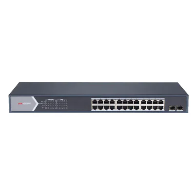 Switch 24 porturi Gigabit Hikvision DS-3E1526P-SI, L2, Smart Managed, 24 × gigabit PoE ports si 2 × gigabit fiber optical ports, Putere PoE 370W, maxim 30W per port,  Extend mode - pana la 300 metri, Switching capacity 52 Gbps, PoE watchdog, network 