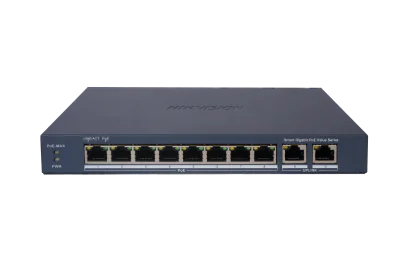 Switch 8 porturi Gigabit, Hikvision DS-3E1510P-EI/M, 8 × gigabit PoE ports, and 2 × Gigabit RJ45, IEEE 802.3af,IEEE 802.3at,  MAC address table: 4 K, PoE power budget 60W (Max. port power 30W), material metal, dimensiuni: 217.6 mm × 27.6 mm × 108.5 m