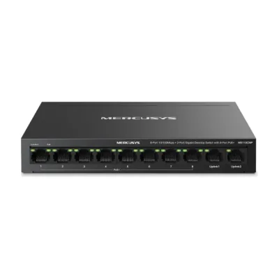 Switch desktop Mercusys 8-Port 10/100 Mbps + 2-Port Gigabit Desktop Switch with 8-Port PoE+, IEEE 802.3x Flow Control, 5.6 Gbps, dimensiuni 6.7 × 3.9 × 1.1 in (171 × 98 × 27 mm)