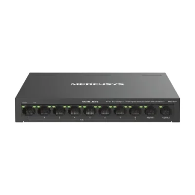 Switch desktop Mercusys 8-Port 10/100 Mbps + 2-Port Gigabit Desktop Switch with 8-Port PoE+, IEEE 802.3x Flow Control, 5.6 Gbps, dimensiuni 6.7 × 3.9 × 1.1 in (171 × 98 × 27 mm)
