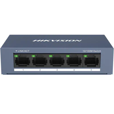 Switch Hikvision DS-3E0105-O: 5 × 10/100 Mbps RJ45 Port, tensiune alimentare 5 VDC, 1A., dimensiuni: 103.05 mm × 25.6 mm × 61.1 mm, greutate: 0.15kg, montare pe birou sau pe perete.