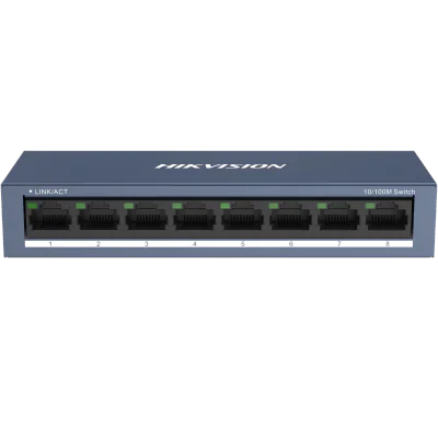 Switch Hikvision DS-3E0108-O: 8 × 10/100 Mbps RJ45 Port, tensiune alimentare 5 VDC, 1A., dimensiuni: 142.4 mm × 25.6 mm × 53.1 mm, greutate: 0.2 kg, montare pe birou sau pe perete.