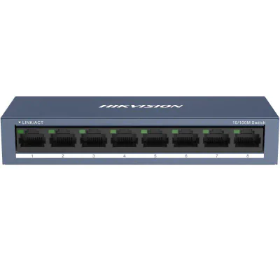 Switch Hikvision DS-3E0108-O: 8 × 10/100 Mbps RJ45 Port, tensiune alimentare 5 VDC, 1A., dimensiuni: 142.4 mm × 25.6 mm × 53.1 mm, greutate: 0.2 kg, montare pe birou sau pe perete.