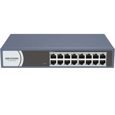 Switch Hikvision DS-3E0116R-O: 16 × 10/100 Mbps RJ45 Port,  tensiune alimentare 220 VAC, 50/60 Hz, dimensiuni: 257..0 mm × 44.5 mm × 175.8 mm, greutate: 1.1kg, montare pe birou, in rack sau pe perete.