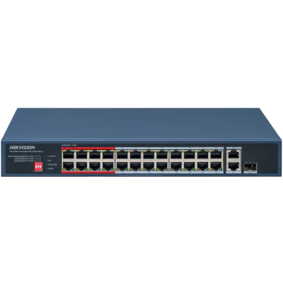 Switch Hikvision DS-3E0326P-E/M(C); 24 Port Fast Ethernet Unmanaged POE Switch Intelligent PoE Management When the power supply exceeds the limit, PoE ports intelligently manage the power supply, which extends the switch lifetime. Up to 300 m Long Ra