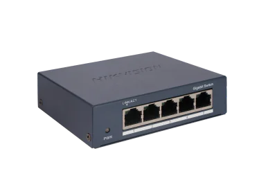 Switch Hikvision DS-3E0505-O: 5 × Gigabit RJ45 ports, 10 Gbps, 1000M network access, alimentare: 5VDC, 0.6A, dimensiuni: 105.00 mm × 27.60 mm × 83.10 mm, greutate: 0.17kg, montare pe birou sau pe perete.