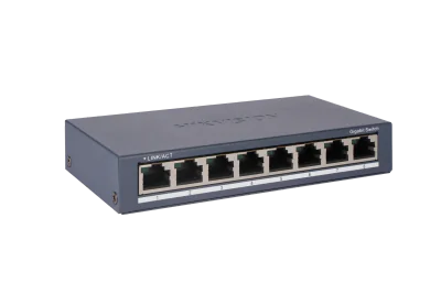 Switch Hikvision DS-3E0508-O: 8 × Gigabit RJ45 port maxim 3W, tensiune alimentare: 5VDC, 0.6A, dimensiuni: 145.00 mm × 25.60 mm × 68.45 mm, greutate: 0.24kg, montare pe birou sau pe perete.