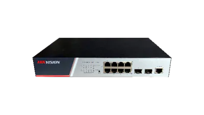 Switch Hikvision DS-3E2510P(B), Switching Capacity 336 Gbps, 8 Gigabit Poe electrical ports and 2 Gigabit / 100M SFP optical ports, Address Table 8 K, Support binding of IP, MAC, port and VLAN, dimensiuni: 280 mm × 44 mm × 180 mm, temperatura de func