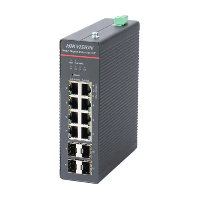 Switch industrial Smart Managed 12 porturi HIKVISION DS-3T1512HP-SI-8P4F/NPU, 8 PoE + 4 SFP Gigabit, buget PoE 300 W