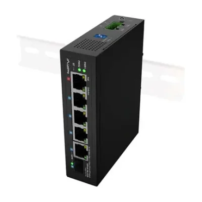 Switch Lanberg ILFE-4P-1GE-1S-90, 5 porturi, 1 port SFP, 1 port PoE++ și 3 porturi PoE+, buget PoE 90W, neadministrabil, montare pe șină DIN