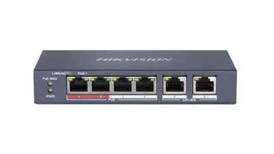 Switch PoE Hikvision DS-3E0106P-E/M(B): 4 x 10/100Mbps PoE port, and 2 × 10/100Mbps RJ45 port, 4 porturi PoE maxim 30W, buget PoE 35W, tensiune alimentare 48 VDC, 0.8 A, dimensiuni: 145 mm × 68.45 mm × 25.6 mm, greutate: 0.27kg, montare pe birou sau 
