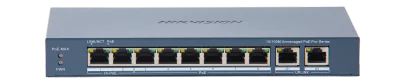 Switch PoE Hikvision DS-3E0310HP-E(C): 8 × 10/100 Mbps PoE port,2 × Gigabit RJ45 port, 16 porturi PoE maxim 30W, buget PoE 130W, tensiune alimentare: 54 VDC, 2.22 A., dimensiuni: 217.6 mm × 27.6 mm × 108.5 mm, greutate: 1.27kg, montare pe birou.