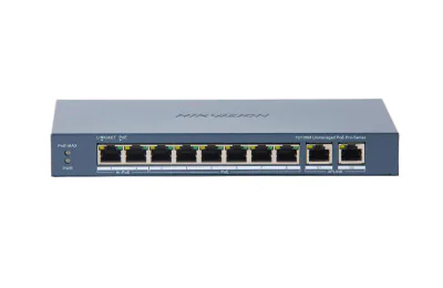 Switch PoE Hikvision DS-3E0310HP-E(C): 8 × 10/100 Mbps PoE port,2 × Gigabit RJ45 port, 16 porturi PoE maxim 30W, buget PoE 130W, tensiune alimentare: 54 VDC, 2.22 A., dimensiuni: 217.6 mm × 27.6 mm × 108.5 mm, greutate: 1.27kg, montare pe birou.