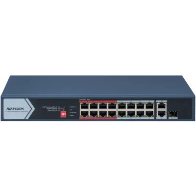 Switch PoE Hikvision DS-3E0318P-E/M(C): 16 × 10/100 Mbps PoE port,1× Gigabit RJ45 port,1 × Gigabit combo, 16 porturi PoE maxim 30W, buget PoE 130W, tensiune alimentare 100~240 V AC, 50/60 Hz, Max. 2.5 A., dimensiuni: 335.0 mm × 44.5 mm × 175.8 mm, gr