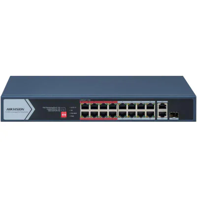 Switch PoE Hikvision DS-3E0318P-E/M(C): 16 × 10/100 Mbps PoE port,1× Gigabit RJ45 port,1 × Gigabit combo, 16 porturi PoE maxim 30W, buget PoE 130W, tensiune alimentare 100~240 V AC, 50/60 Hz, Max. 2.5 A., dimensiuni: 335.0 mm × 44.5 mm × 175.8 mm, gr