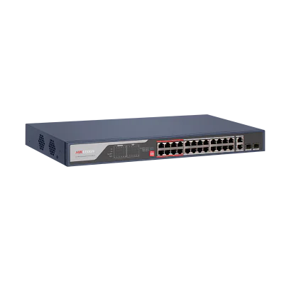 Switch PoE Hikvision DS-3E0326P-E(C): 24 x 10/100Mbps PoE port,2 × Gigabit combo, buget PoE 370 W, tensiune alimentare 100 to 240 V AC, 50/60 Hz, Max. 6.5 A, dimensiuni: 440.00 mm × 44.00 mm × 220.80 mm, greutate: 3.54kg, montare in rack.