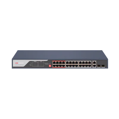 Switch PoE Hikvision DS-3E0326P-E(C): 24 x 10/100Mbps PoE port,2 × Gigabit combo, buget PoE 370 W, tensiune alimentare 100 to 240 V AC, 50/60 Hz, Max. 6.5 A, dimensiuni: 440.00 mm × 44.00 mm × 220.80 mm, greutate: 3.54kg, montare in rack.
