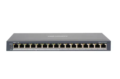 Switch PoE Hikvision DS-3E0516P-O: 8 × 1 Gigabit PoE port,8 × 1 Gigabit RJ45 port, PoE: Ports 1 to 8 maxim 30W, buget PoE 110W, tensiune alimentare 54 V DC, 2.22 A, dimensiuni: 286.0 mm × 103.35 mm × 27.8 mm, greutate: 1.418kg, montare pe birou sau p