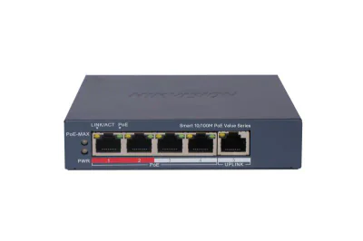 Switch PoE Hikvision DS-3E1105P-EI/M(V2), 4 × 10/100 Mbps PoE port,1 × 10/100 Mbps RJ45 port, Total PoE Power Budget 45W, Support 802.1Q VLAN, capacitate: 1.2 Gbps, alimentare: 54VDC, 0.92A, dimensiuni: 121.1 mm × 27.6 mm × 83.1 mm, greutate: 0.26kg.