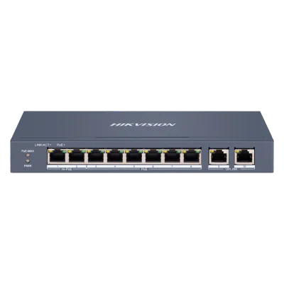 Switch PoE Hikvision DS-3E1310HP-EI(B): 8 x 10/100M PoE Ports, 2 x Gigabit Uplink Ports, 8 porturi PoE maxim 90W, buget PoE 110W, tensiune alimentare 54 VDC, 2.22 A, dimensiuni: 217.6 mm × 27.6 mm × 108.5 mm, greutate: 0.55kg, montare pe birou sau pe