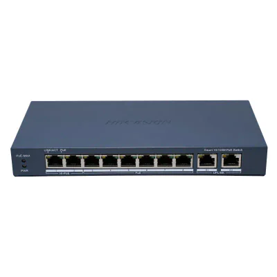 Switch PoE Hikvision DS-3E1310HP-EI(B): 8 x 10/100M PoE Ports, 2 x Gigabit Uplink Ports, 8 porturi PoE maxim 90W, buget PoE 110W, tensiune alimentare 54 VDC, 2.22 A, dimensiuni: 217.6 mm × 27.6 mm × 108.5 mm, greutate: 0.55kg, montare pe birou sau pe