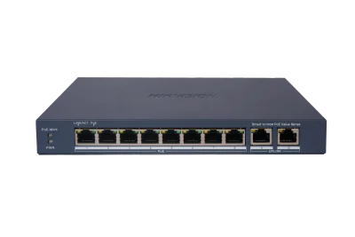 Switch PoE Hikvision DS-3E1310P-EI/M: 8 × 10/100 Mbps PoE ports,2 × Gigabit RJ45 port, 8 porturi PoE maxim 30W, buget PoE 60W, tensiune alimentare DC54 V,1.2 A, dimensiuni: 217.6 mm × 27.6 mm × 108.5 mm, greutate: 0.54kg, montare pe birou sau pe pere