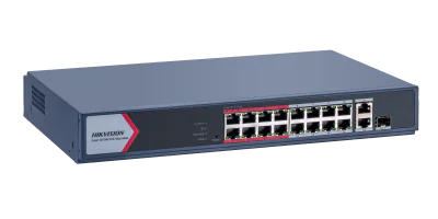 Switch PoE Hikvision DS-3E1318P-EI/M: 16 × 10/100 Mbps PoE port,1 × Gigabit combo,1 × Gigabit RJ45 port, 16 porturi PoE maxim 30W, buget PoE 130W, tensiune alimentare 100~240 V AC, 50/60 Hz, Max. 2.5 A., dimensiuni: 335.0 mm × 44.5 mm × 226.00 mm, gr
