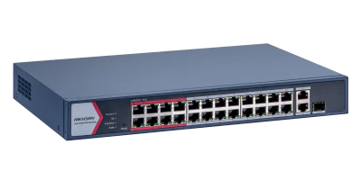 Switch PoE Hikvision DS-3E1326P-EI/M: 24 × 10/100 Mbps PoE port,1 × Gigabit combo,1 × Gigabit RJ45 port, 24 porturi PoE maxim 30W, buget PoE 230W, tensiune alimentara: 100-240 VAC, 50/60 Hz, Max. 4 A, dimensiuni: 335.00 mm × 44.50 mm × 226.00 mm, gre