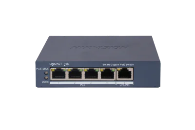 Switch PoE Hikvision DS-3E1505P-EI, 4 × Gigabit PoE port,1 × Gigabit RJ45 port, Total PoE Power Budget 60W, Support 802.1Q VLAN, capacitate: 10 Gbps, alimentare: 54VDC, 1.2A, dimensiuni: 121.1 mm × 27.6 mm × 83.1 mm, greutate: 0.26kg.