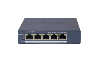 Switch PoE Hikvision DS-3E1505P-EI/M, 4 × Gigabit PoE port,1 × Gigabit RJ45 port, Total PoE Power Budget 45W, Support 802.1Q VLAN, capacitate: 10 Gbps, alimentare: 54VDC, 0.92A, dimensiuni: 121.1 mm × 27.6 mm × 83.1 mm, greutate: 0.26kg.