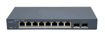 Switch PoE Hikvision DS-3E1510P-EI/M-8P2F: 8 × Gigabit PoE port,2 × Gigabit Fiber Optical port, 8 porturi PoE maxim 30W, buget PoE 80W, tensiune alimentare 54VDC, 1.6A, dimensiuni: 217.6 mm × 27.6 mm × 108.5 mm, greutate: 1.08kg, montare pe birou sau