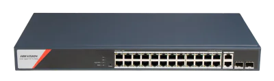 Switch PoE Hikvision DS-3E1528HP-SI-24P2T2F: 24 x 10/100/1000 Mbps PoE Ports, 2 × 10/100/1000 Mbps RJ45, 2 x 10/100/1000 Mbps SFP, 24 porturi PoE maxim 90W, buget PoE 370W, tensiune alimentare: 100-240V~ 50/60Hz 6.3 A, dimensiuni: 440 mm × 44 mm × 22