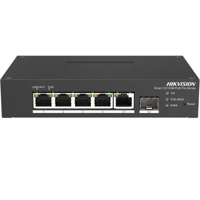 Switch PoE Hikvision DS-3T1306P-SI/HS: 4 × 10/100 Mbps PoE port,1 × Gigabit RJ45 port,1 × Gigabit fiber optical port, PoE: Ports 1 to 4 maxim 30W, buget PoE 60W, tensiune alimentare: 48VDC, 1.36A, dimensiuni: 158.00 mm × 101.20 mm × 31.60 mm, greutat