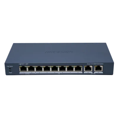 Switch Smart Managed 10 porturi HIKVISION DS-3E1310HP-EI(B), 8 PoE Fast Ethernet + 2 RJ45 Gigabit, buget PoE 110 W