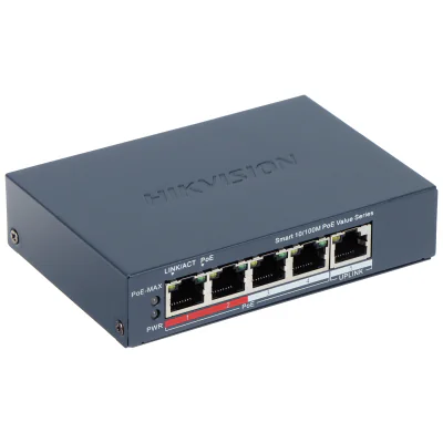 Switch Smart Managed 5 porturi HIKVISION DS-3E1105P-EI/M(V2), 4 PoE + 1 RJ45 Fast Ethernet, buget PoE 45 W