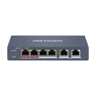 Switch Smart Managed 6 porturi HIKVISION DS-3E1106HP-EI, 4 PoE + 2 RJ45 Fast Ethernet, buget PoE 60 W