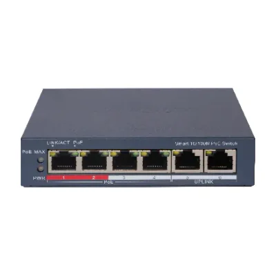 Switch Smart Managed 6 porturi HIKVISION DS-3E1106P-EI, 4 PoE + 2 RJ45 Fast Ethernet, buget PoE 60 W