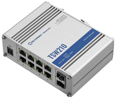 Switch TELTONIKA INDUSTRIAL 8PORT UNMANAGED TSW210, Interfata: 8 x ETH ports, 10/100/1000 Mbps, supports auto MDI/MDIX crossover, 2 x SFP ports, Standarde retea: 802.3i, 802.3u, 802.3ab, 802.3x, 802.3az, 802.3ad, Latime banda: 20 Gbps, Carcasa, Aluminium