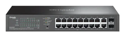 Omada 20-Port Switch ES220GP, • 16× 10/100/1000 Mbps PoE+ RJ45 Ports (support 802.3at PoE+ and 802.3af PoE)• 2× 10/100/1000 Mbps RJ45 Port• 2 × Gigabit SFP Slot, 100–240 VAC, 50/60 Hz, capacitate switch 40 Gbps