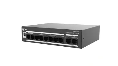 Switch Uniview NSW2020-8T2GT-POE-IN; Porturi:8×100Mbps network ports (RJ45)+2×1000Mbps ports, including 8 PoE ports; Maxim 30 W per port, Buget 120 W; Performanta: Switching capacity 5.6 Gbps, Forwarding 4.17Mpps; Functii: Up to 250m transmission dis