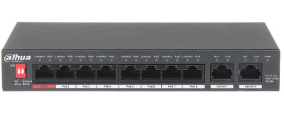 Switch Unmanaged 10 porturi DAHUA PFS3010-8GT-96-V2, 8 PoE + 2 uplink Gigabit, buget PoE 96 W, Black