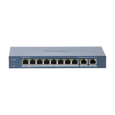 Switch Unmanaged 10 porturi HIKVISION DS-3E0310HP-E(C), 8 PoE Fast Ethernet + 2 RJ45 Gigabit, buget PoE 110 W